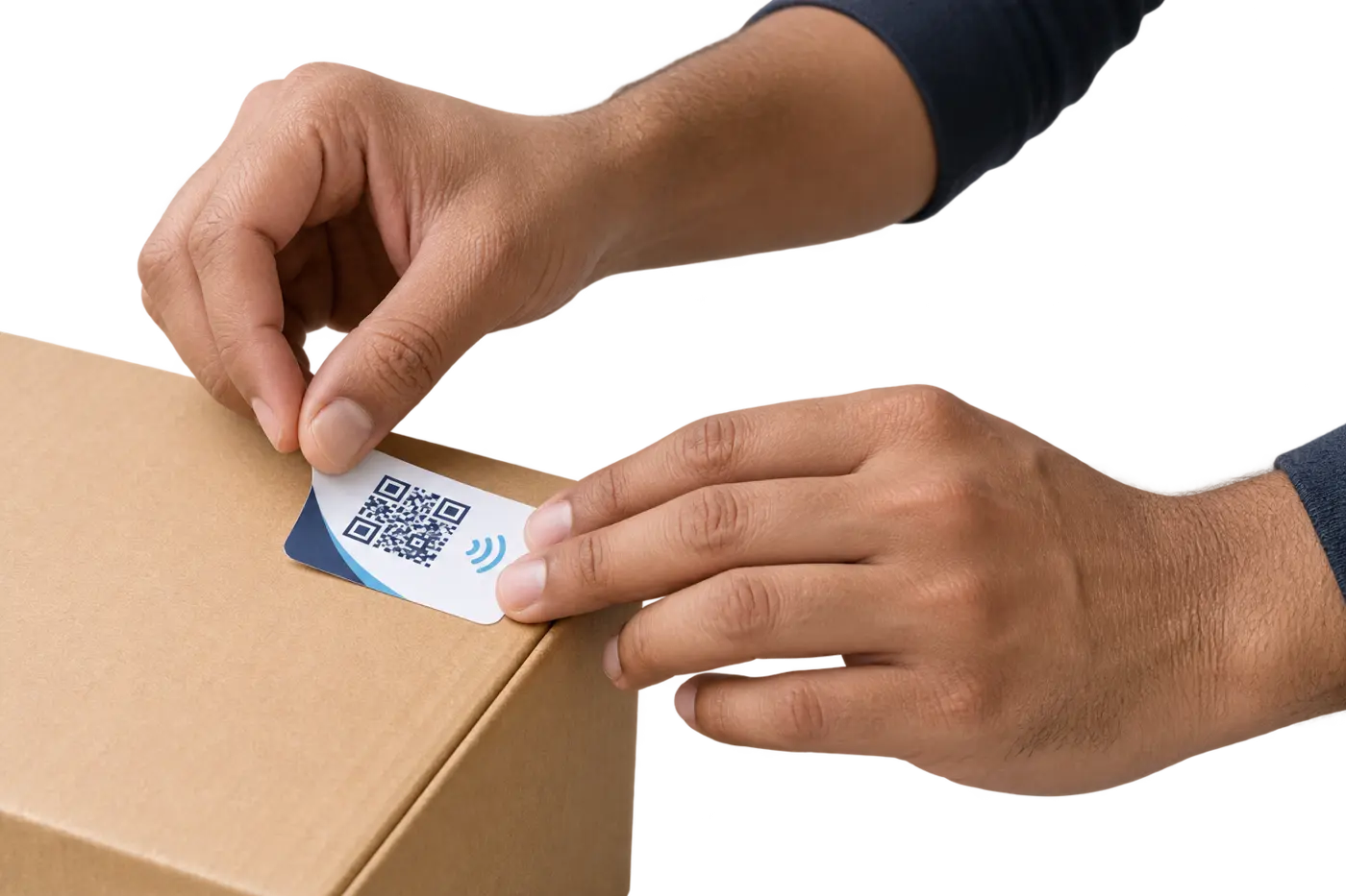 Hands applying a QR, RFID and NFC capable Smart Label to a product carton