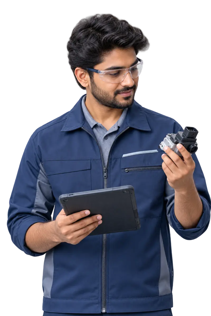 Technical professional checking connected engineering equipment