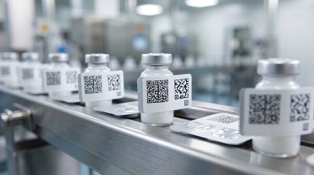 Medicine vials with QR identities moving through a pharmaceutical production line